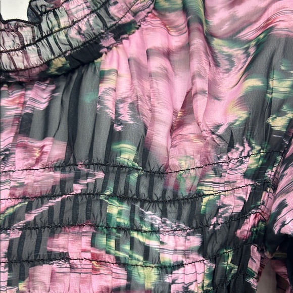 Steve Madden Pink and Black Floral Smocked Ruffle Neck Blouse - Picture 5 of 8